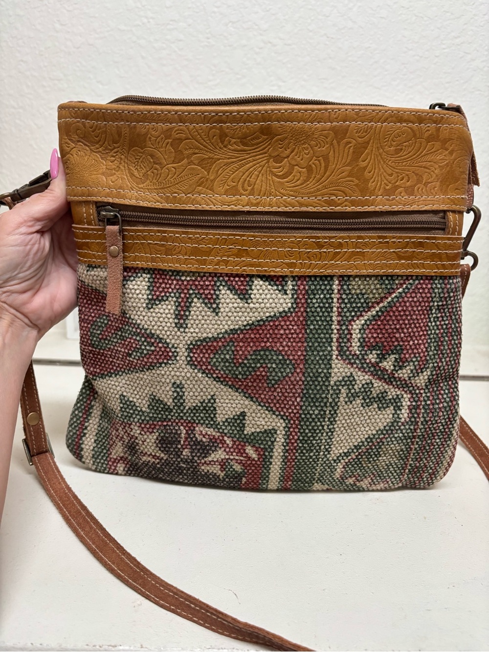 Clea Ray Tan Embossed Leather-Trim Crossbody Bag with Patterned Canvas